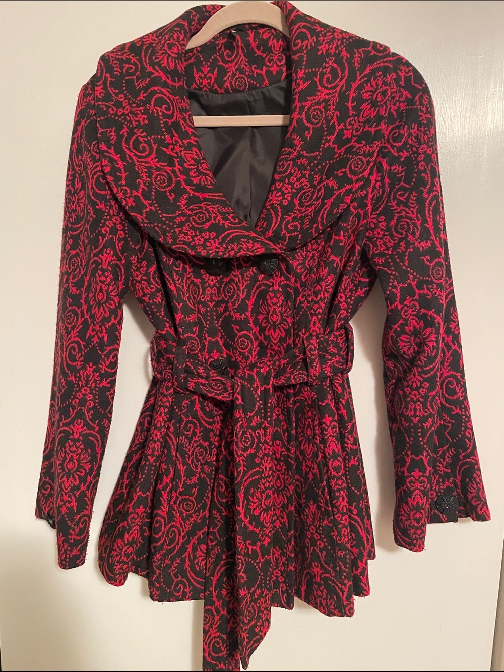 Ambition Black & Red Floral Jacquard Belted Coat Size PM